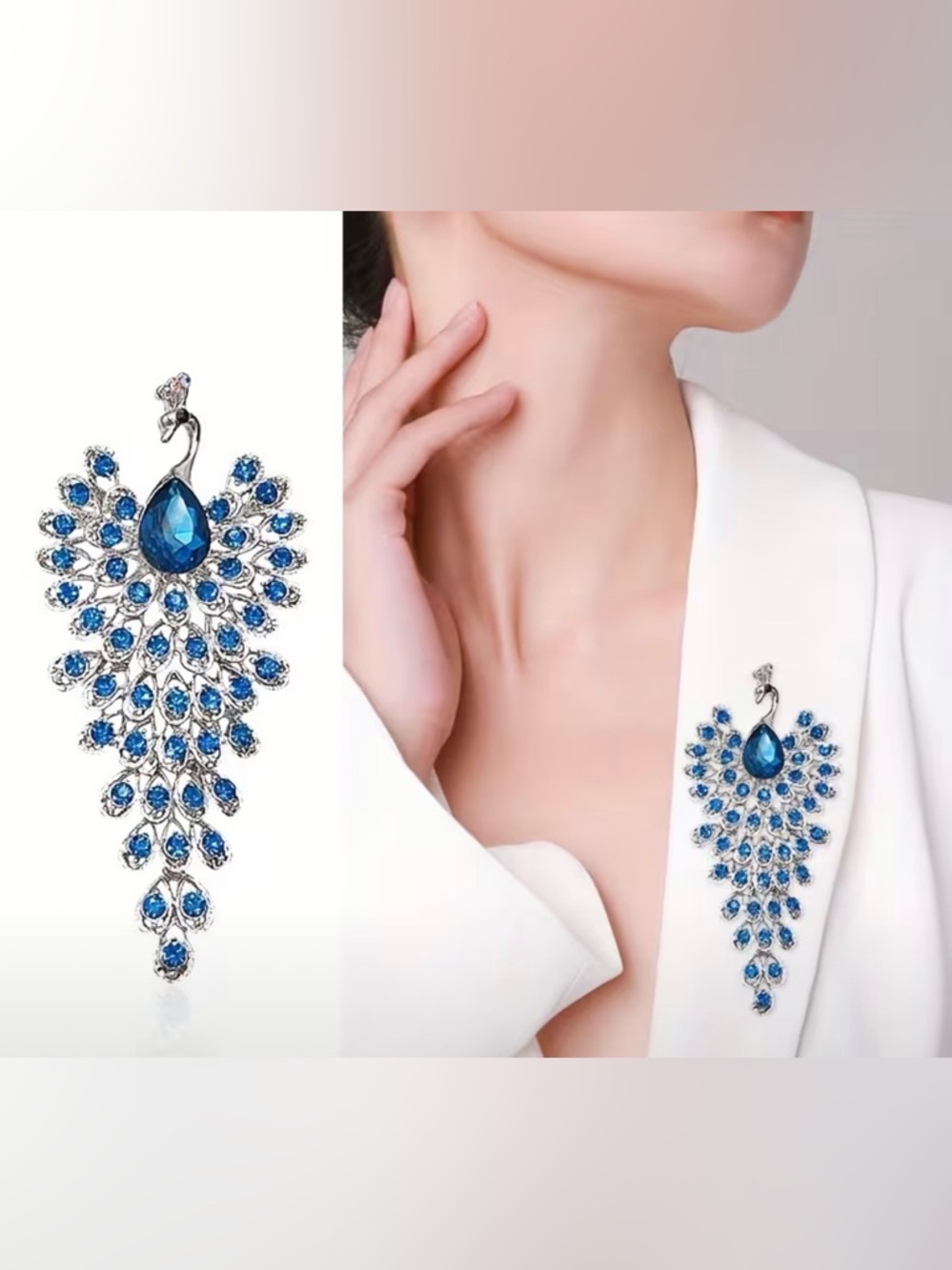 Sparkly Blue Crystal Rhinestone Peacock Statement Brooch dangling tail Elegant